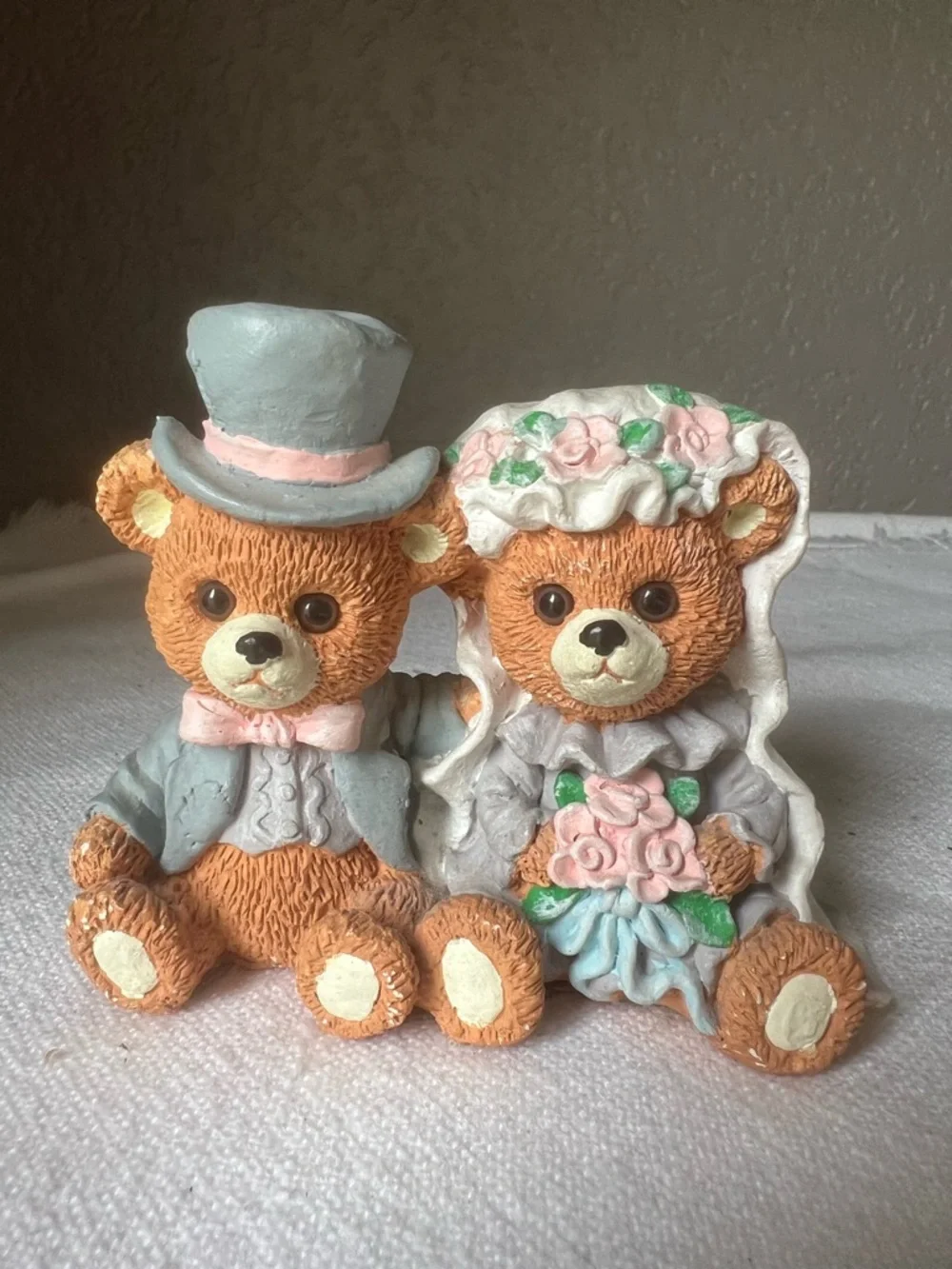 Wedding Bear Cake Topper Pair in Pastel Pink and Gray